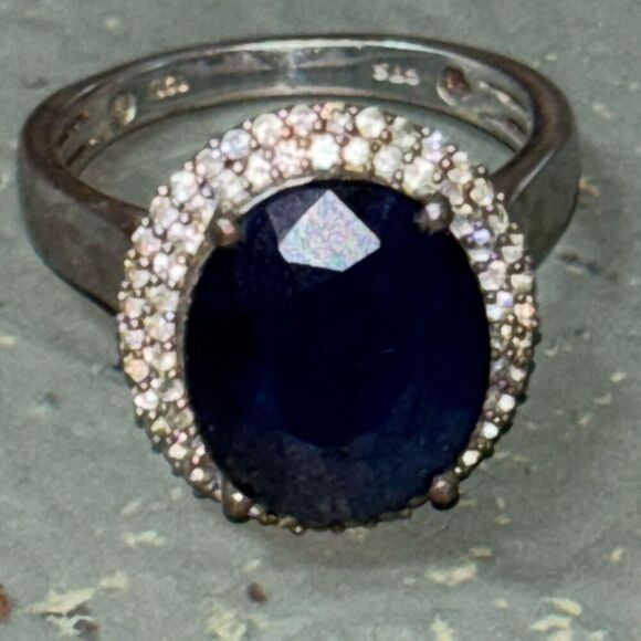 925 Sterling silver Large Dark blue Sapphire & Pave CZ 14mmx12mm,6.78g ring Sz 9 - Picture 7 of 10
